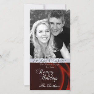 Red Silk Happy Holiday Silver Photo Card