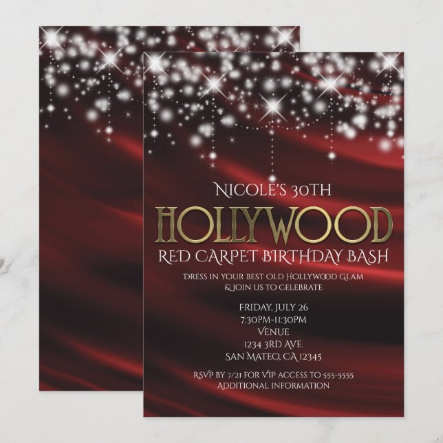 Red Silk & Sparkle Gold Hollywood Glam Invitation (Front/Back)