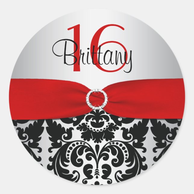 Red, Silver, and Black Damask Sweet 16 Sticker (Front)