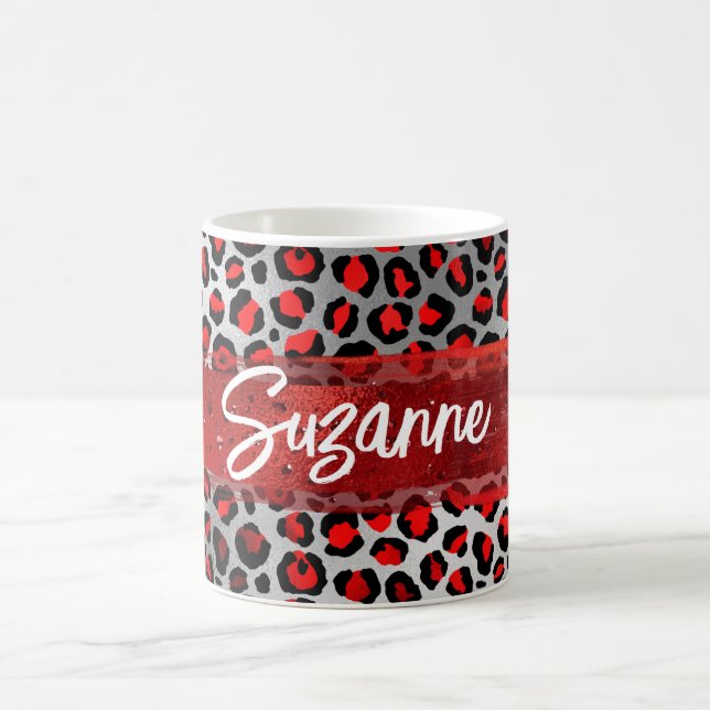Red Silver and Black Foil Leopard Brush Strokes Coffee Mug (Center)