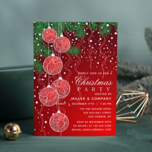 Red Silver Baubles Corporate Christmas Party Invitation