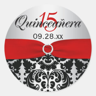 Red, Silver, Black Damask Quinceanera Sticker