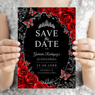 Red Silver Black Quinceanera Floral Save The Date