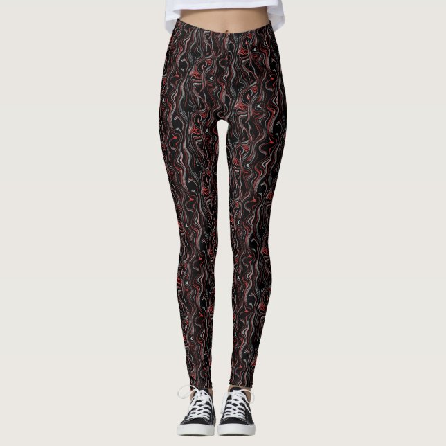 Red Silver Black Wavy Marble Foil Leggings (Front)