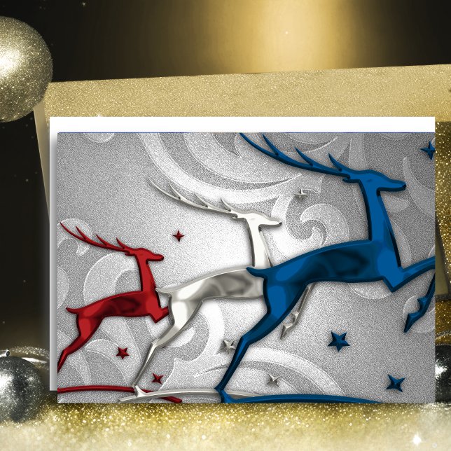 Red Silver Blue Reindeer Holiday Card (Creator Uploaded)