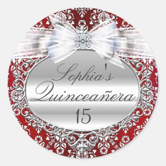 Red & Silver Bow Quinceanera Sticker (Front)