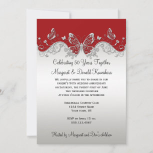 Red Silver Butterflies 25th Anniversary Invitation