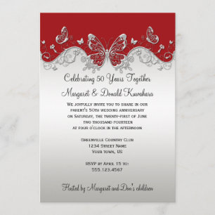 Red Silver Butterflies 25th Anniversary Invitation