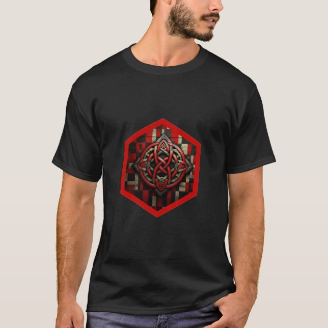 Red & Silver Celtic Knot In A Six Sided Red Frame T-Shirt (Front)