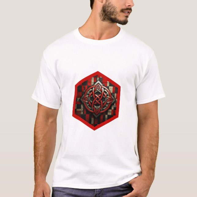 Red & Silver Celtic Knot In A Six Sided Red Frame T-Shirt (Front)