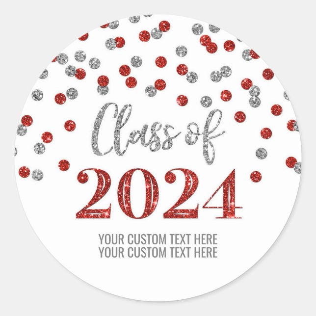 Red Silver Confetti Graduation 2024 Classic Round Sticker (Front)