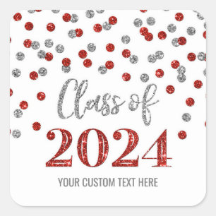 Red Silver Confetti Graduation 2024  Square Sticker