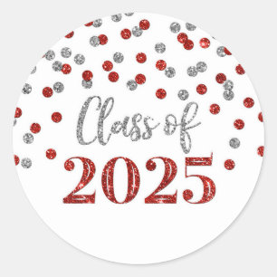 Red Silver Confetti Graduation 2025 Classic Round Sticker