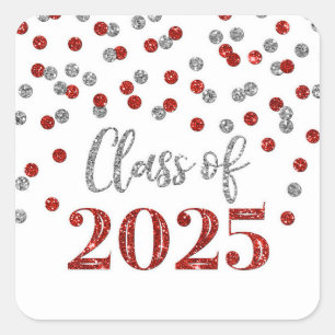 Red Silver Confetti Graduation 2025 Square Sticker