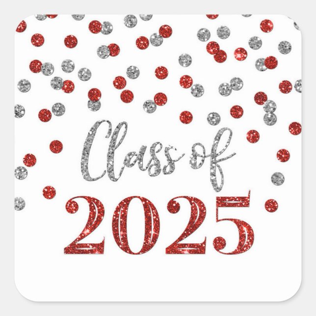 Red Silver Confetti Graduation 2025 Square Sticker (Front)