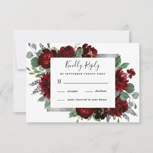 Red & Silver Country Burgundy Rose Winter Wedding RSVP Card (Front)