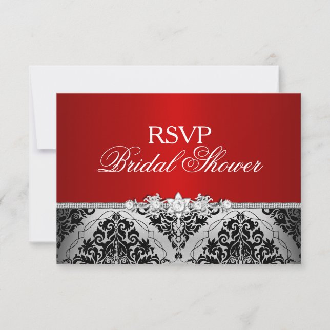 Red Silver Damask & Jewel Bridal Shower RSVP Card (Front)
