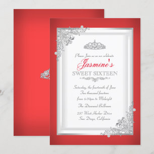 Red Silver Damask Tiara Sweet 16 Birthday Invitation
