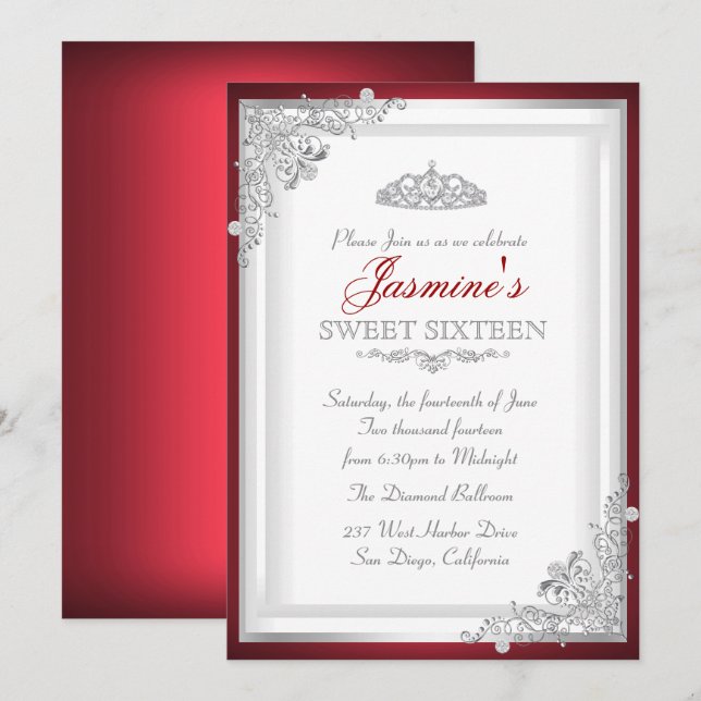 Red Silver Damask Tiara Sweet 16 Invitation (Front/Back)