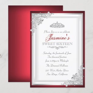 Red Silver Damask Tiara Sweet 16 Invitation