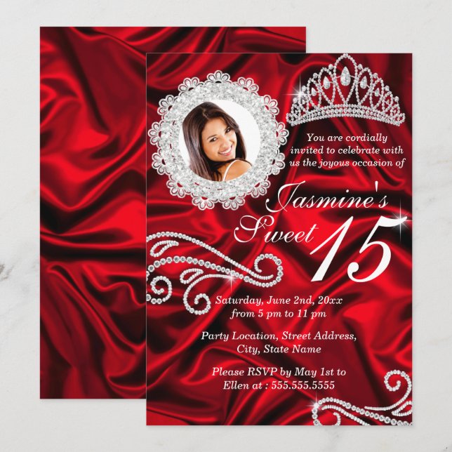 Red Silver Diamond Tiara Photo Quinceanera Invitation (Front/Back)