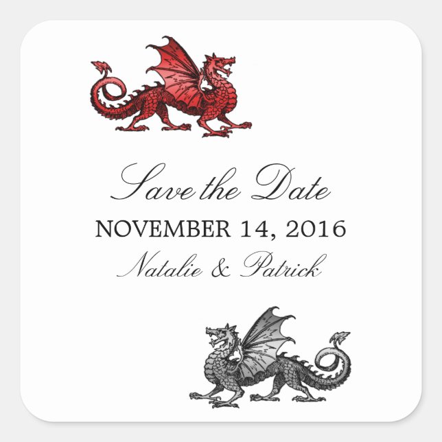 Red Silver Dragon Save the Date Stickers (Front)