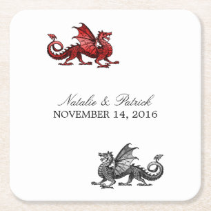 Red Silver Dragon Wedding Paper Coasters
