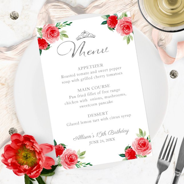 Red Silver Faux Foil Floral Quinceanera Menu (Creator Uploaded)