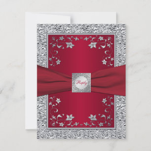 Red, Silver FAUX Foil Floral RSVP Card