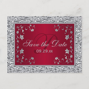 Red, Silver FAUX FOIL Floral Save the Date Card