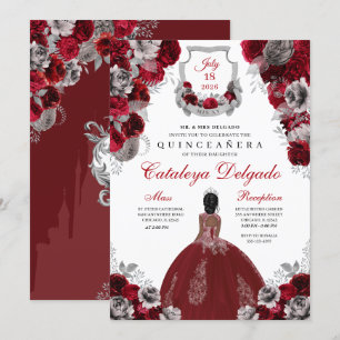 Red & Silver Floral Elegant Quinceañera Invitation