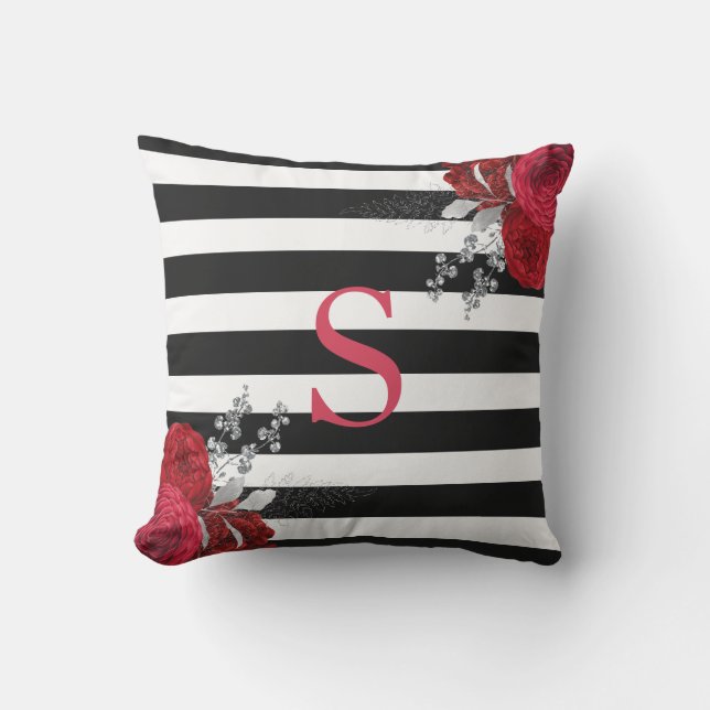 Red Silver Floral Monogram Black White Stripes Cushion (Front)