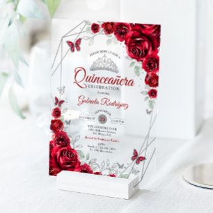 Red Silver Floral Quinceanera Acrylic Invitations