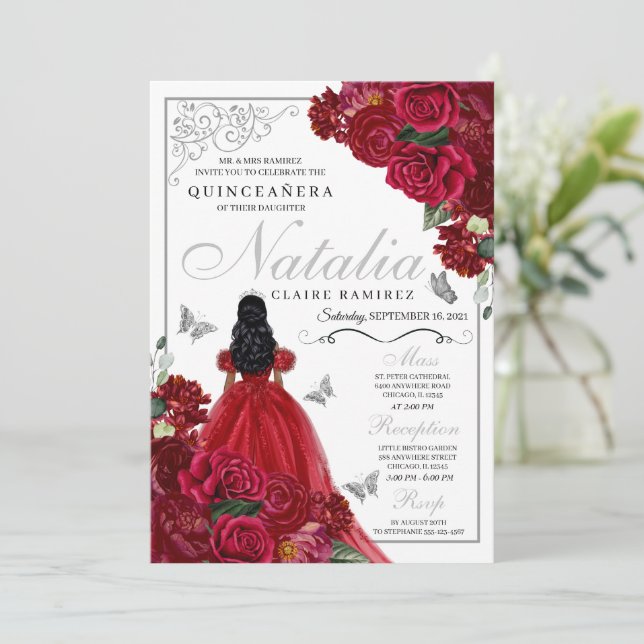 Red & Silver Floral Quinceanera Birthday Invitatio Invitation (Standing Front)