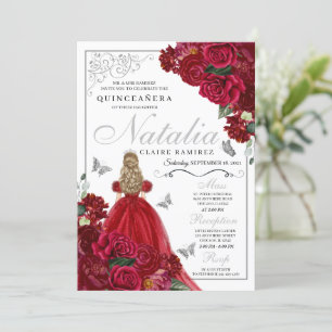 Red & Silver Floral Quinceanera Birthday Invitatio Invitation