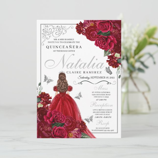 Red & Silver Floral Quinceanera Birthday Invitatio Invitation (Standing Front)