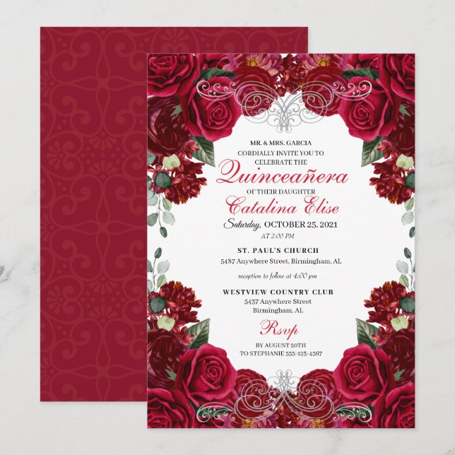 Red & Silver Floral Quinceanera Birthday  Invitation (Front/Back)