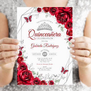 Red Silver Floral Quinceanera Invitation