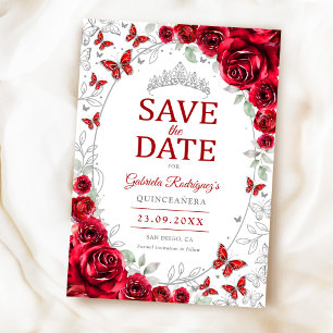 Red Silver Floral Quinceanera Save The Date