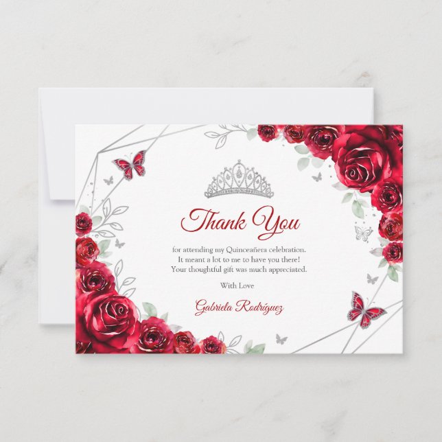 Red Silver Floral Quinceanera Thank You Card (Front)