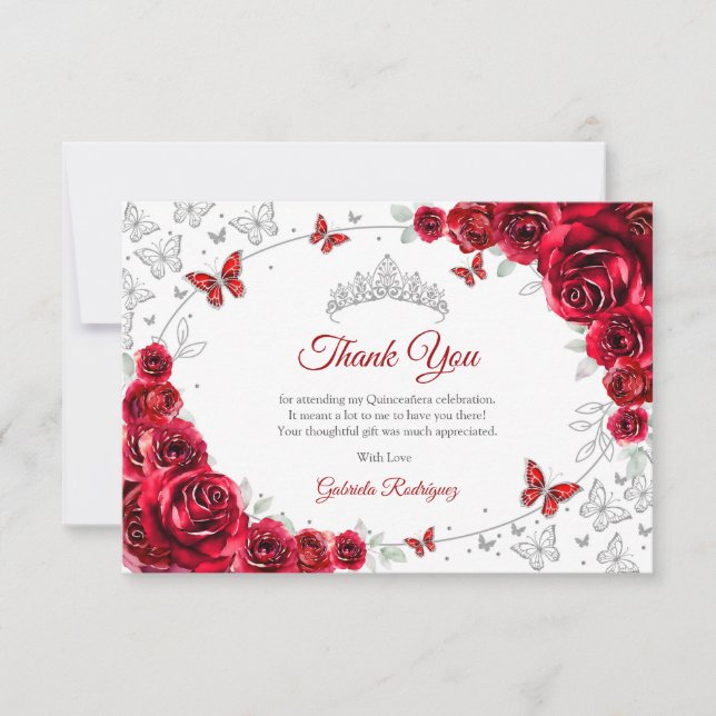 Red Silver Floral Quinceanera Thank You Card (Front)