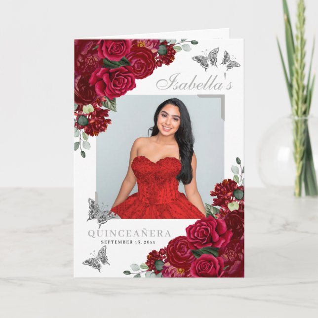Red & Silver Floral Quinceanera Tiara Butterflies Programme (Front)