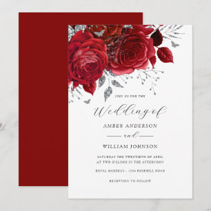 Red Silver Floral Rose Wedding   Invitation