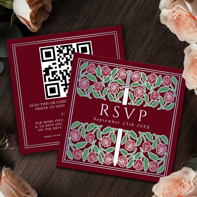 Red Silver Floral Royal Wedding RSVP QR Code  Enclosure Card (Creator Uploaded)