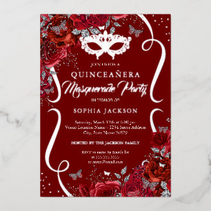 Red Silver Floral Scroll Masquerade Quinceanera