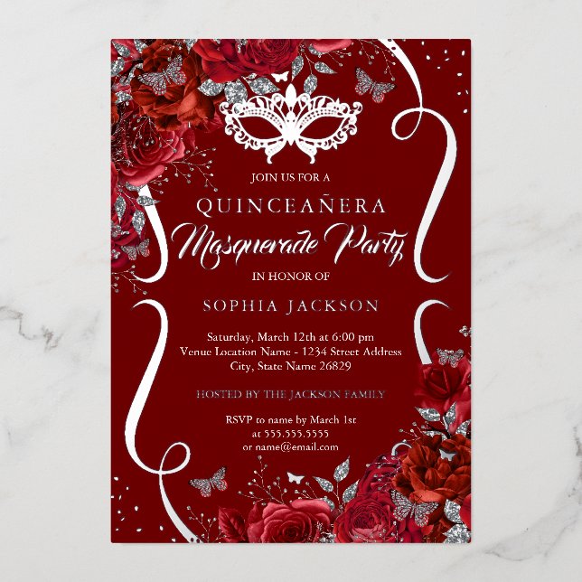 Red Silver Floral Scroll Masquerade Quinceanera (Front)