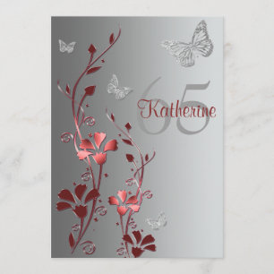 Red, Silver Flowers & Butterflies 65th Invitation