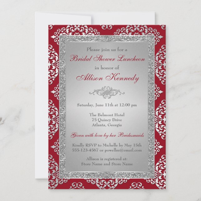 Red, Silver Glitter Damask Bridal Shower Invite (Front)
