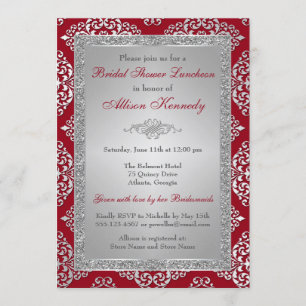 Red, Silver Glitter Damask Bridal Shower Invite