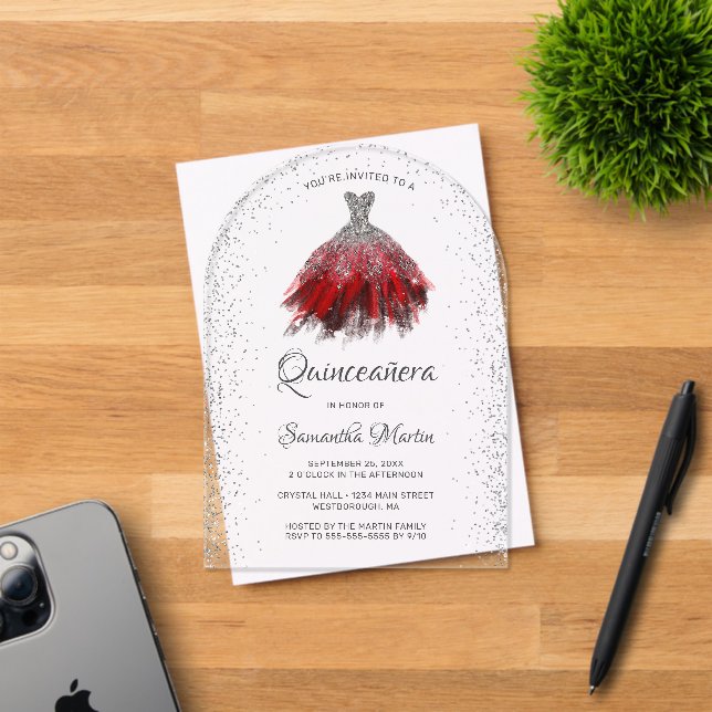 Red Silver Glitter Dress Quinceañera Party Acrylic Invitations (Insitu (Invitation Card))